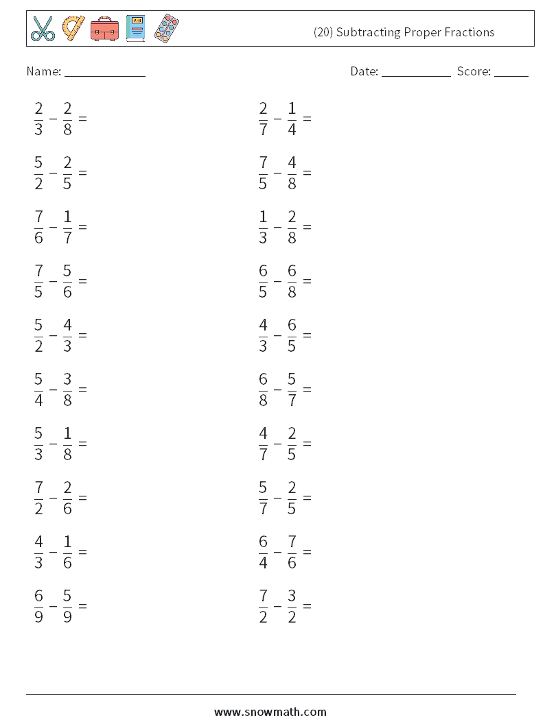 (20) Subtracting Proper Fractions Maths Worksheets 5