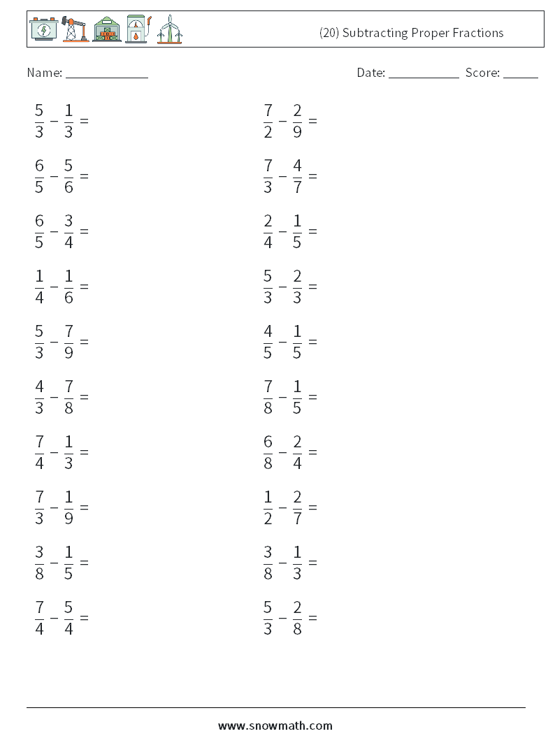 (20) Subtracting Proper Fractions Maths Worksheets 6