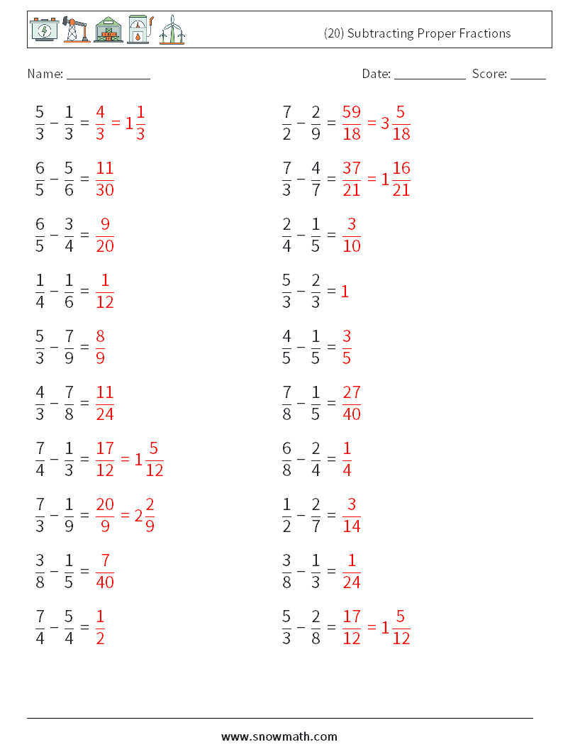 (20) Subtracting Proper Fractions Maths Worksheets 6 Question, Answer