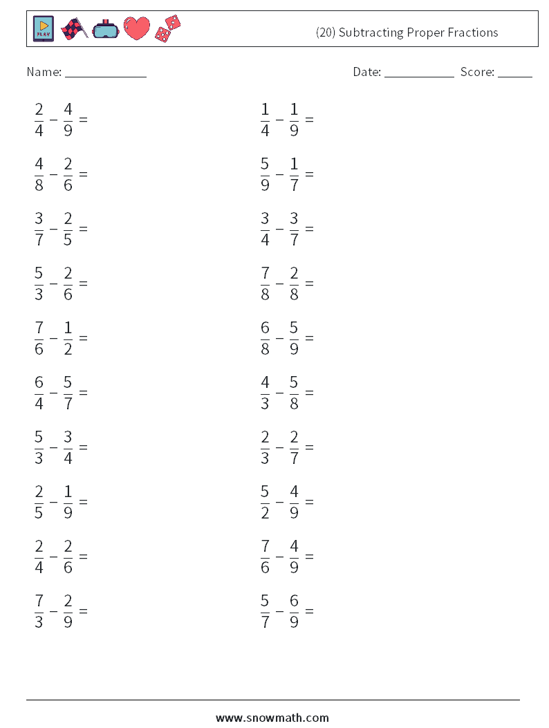 (20) Subtracting Proper Fractions Maths Worksheets 7