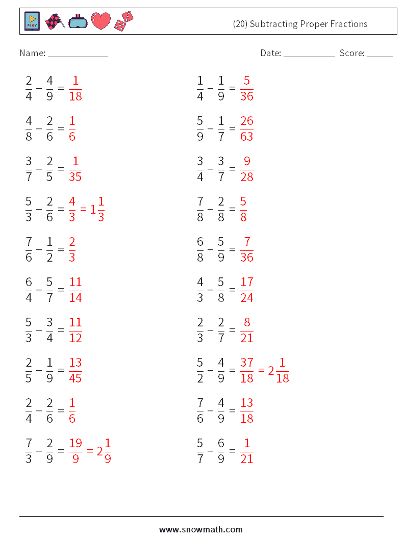 (20) Subtracting Proper Fractions Maths Worksheets 7 Question, Answer