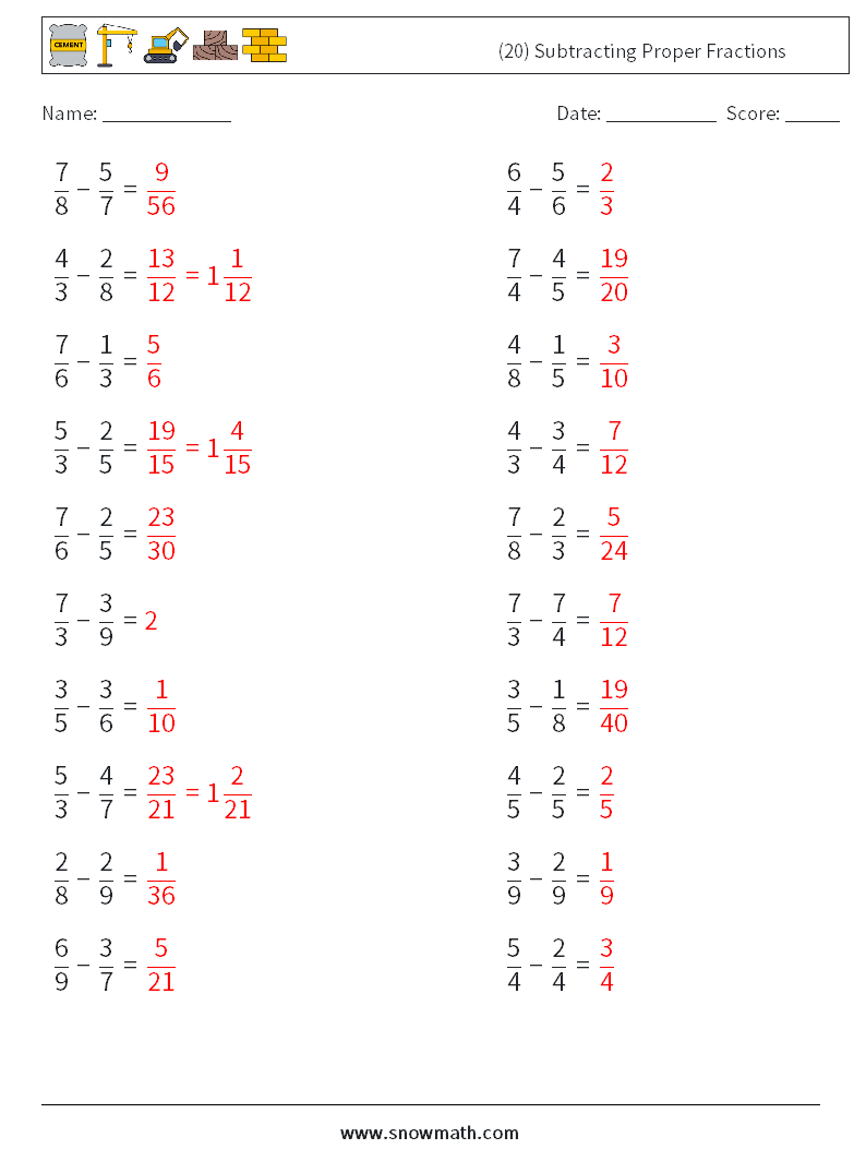(20) Subtracting Proper Fractions Maths Worksheets 8 Question, Answer