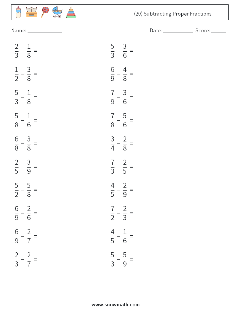 (20) Subtracting Proper Fractions Maths Worksheets 9