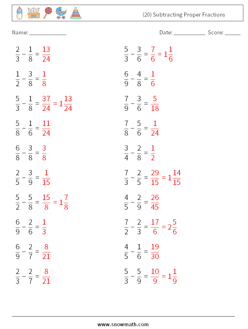 (20) Subtracting Proper Fractions Maths Worksheets 9 Question, Answer