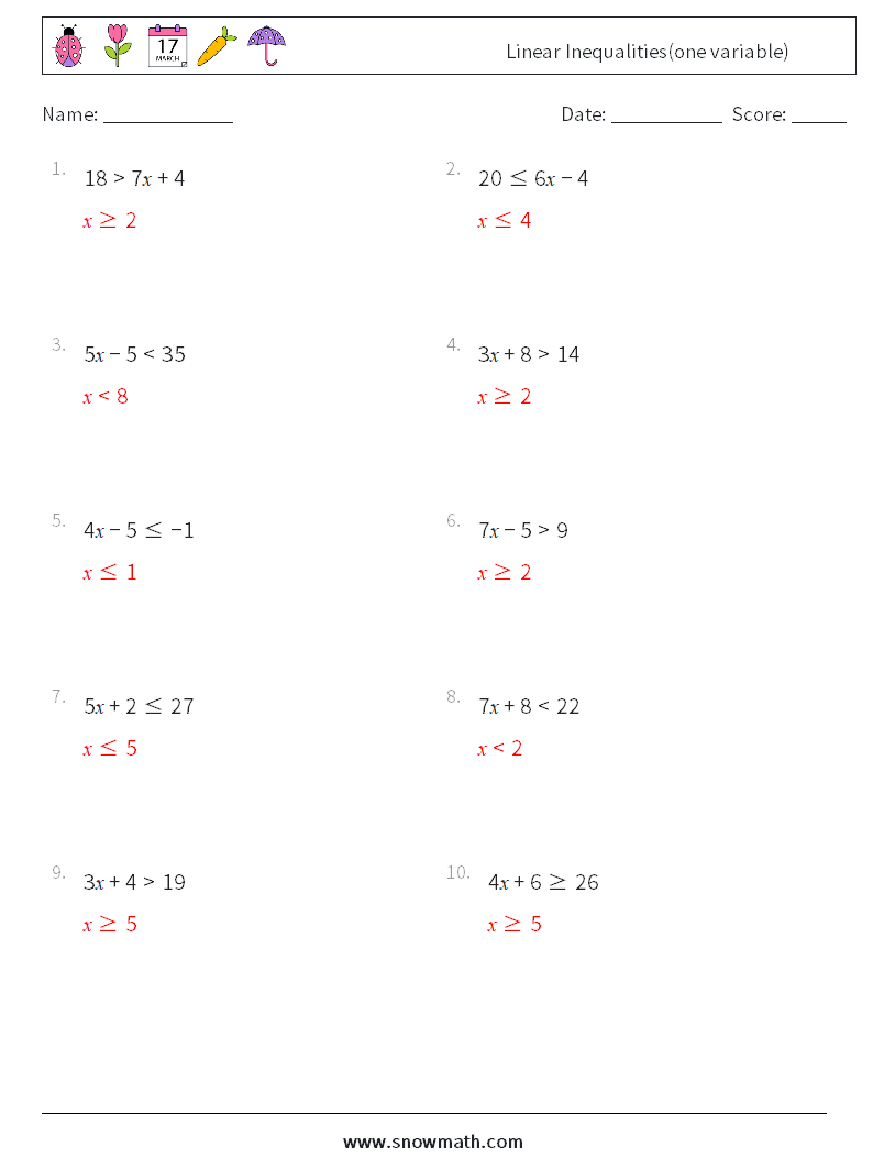 Linear Inequalities(one variable) Maths Worksheets 1 Question, Answer