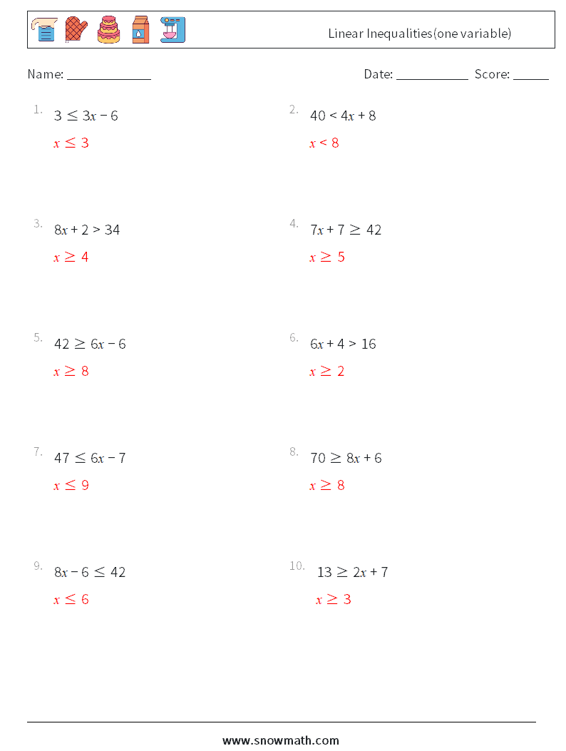 Linear Inequalities(one variable) Maths Worksheets 3 Question, Answer