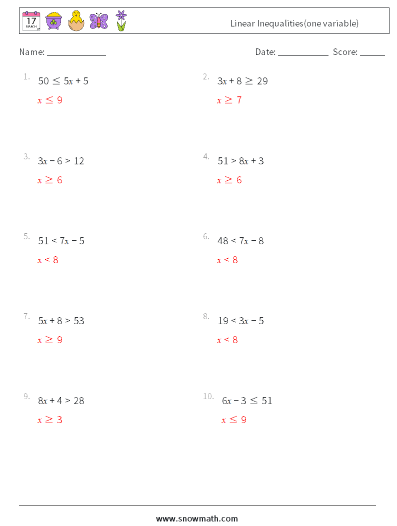 Linear Inequalities(one variable) Maths Worksheets 4 Question, Answer