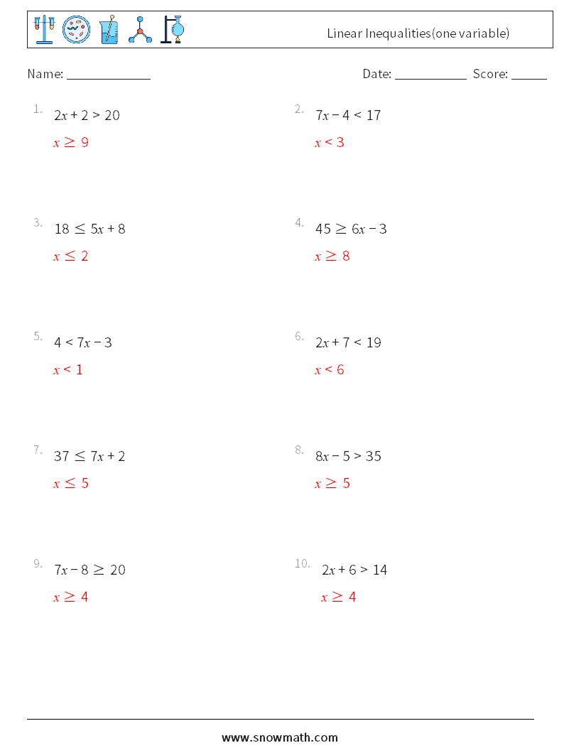 Linear Inequalities(one variable) Maths Worksheets 5 Question, Answer