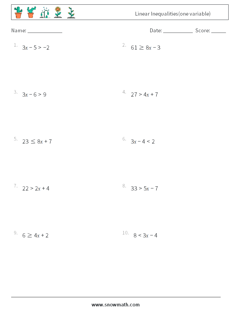 Linear Inequalities(one variable) Maths Worksheets 6
