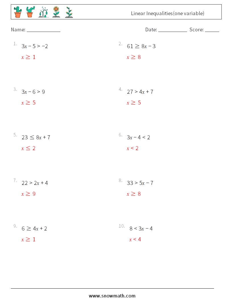 Linear Inequalities(one variable) Maths Worksheets 6 Question, Answer