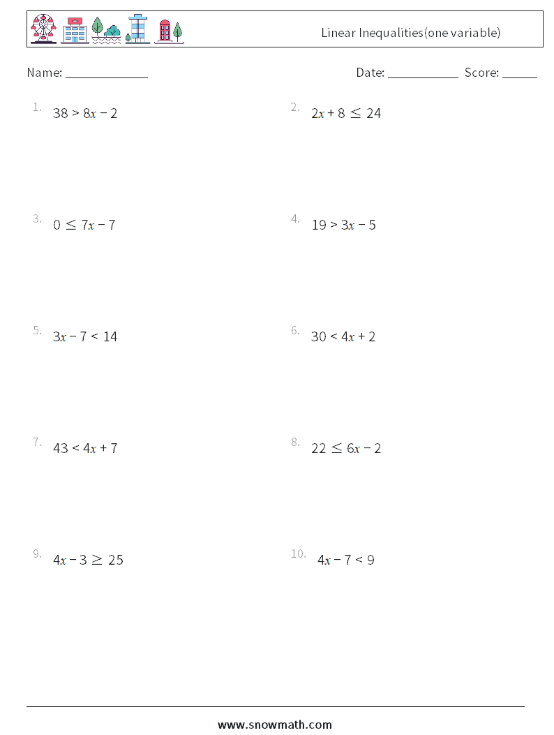 Linear Inequalities(one variable) Maths Worksheets 7