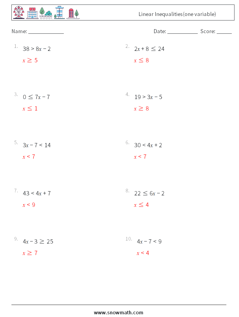 Linear Inequalities(one variable) Maths Worksheets 7 Question, Answer