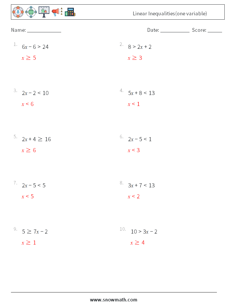 Linear Inequalities(one variable) Maths Worksheets 8 Question, Answer