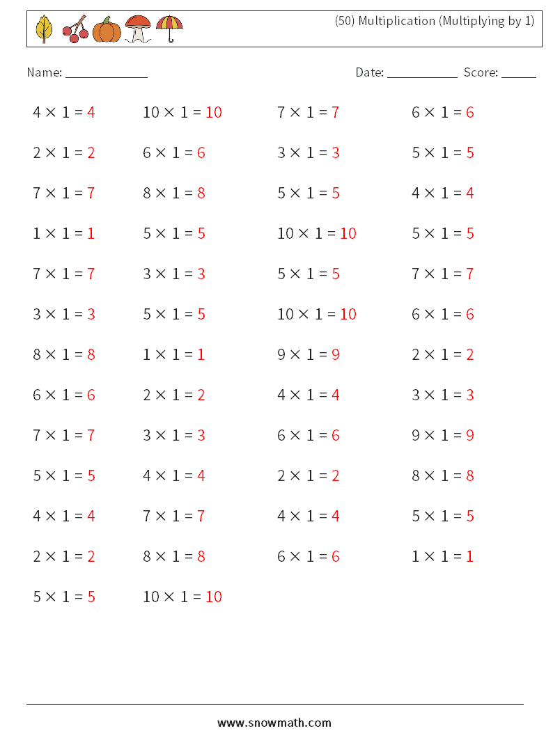 (50) Multiplication (Multiplying by 1) Maths Worksheets 2 Question, Answer