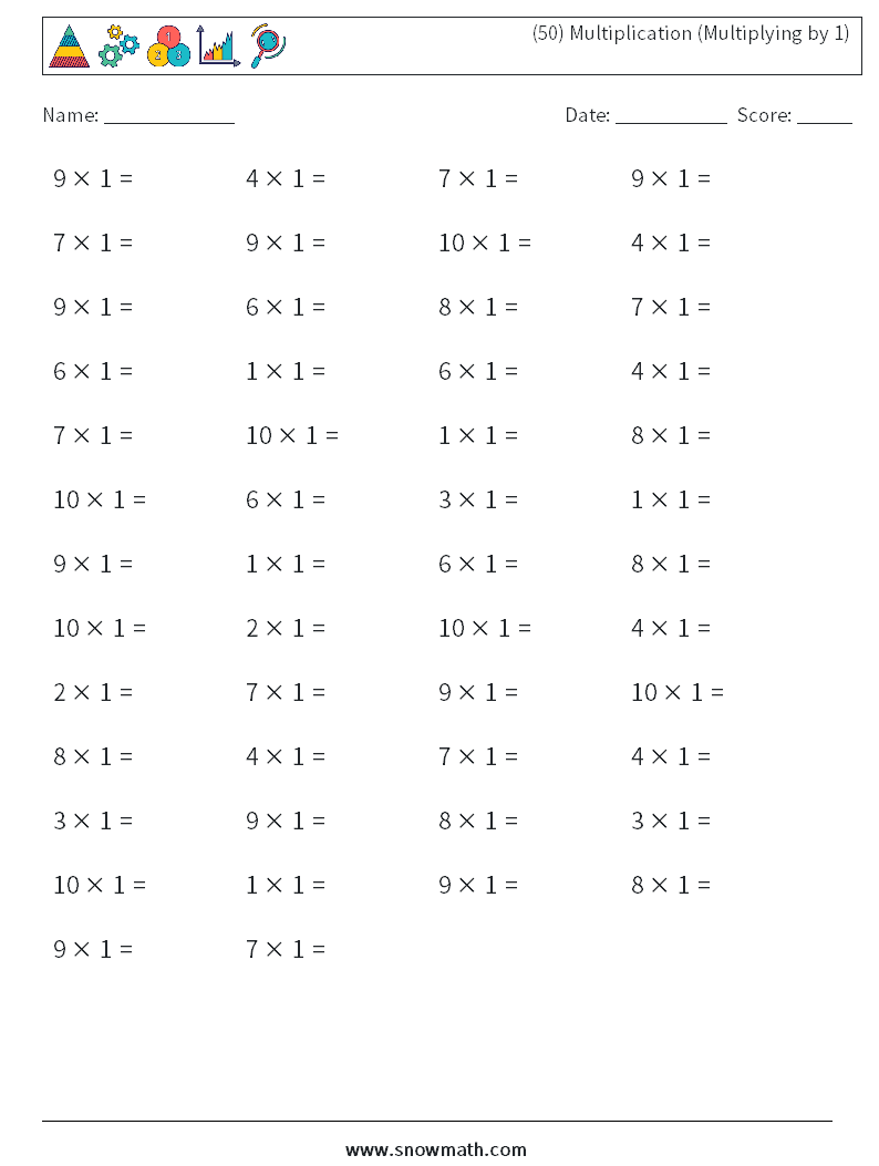 (50) Multiplication (Multiplying by 1) Maths Worksheets 6