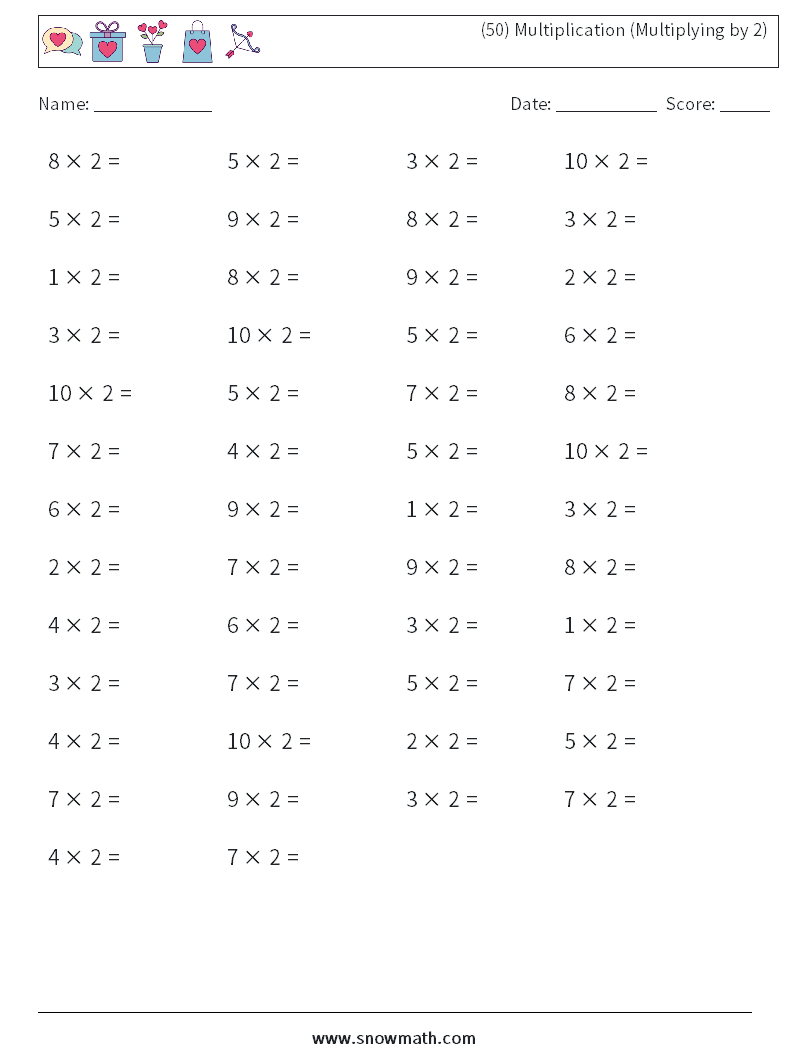 (50) Multiplication (Multiplying by 2) Maths Worksheets 1
