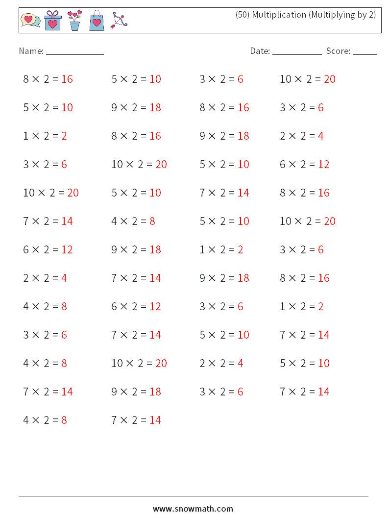 (50) Multiplication (Multiplying by 2) Maths Worksheets 1 Question, Answer