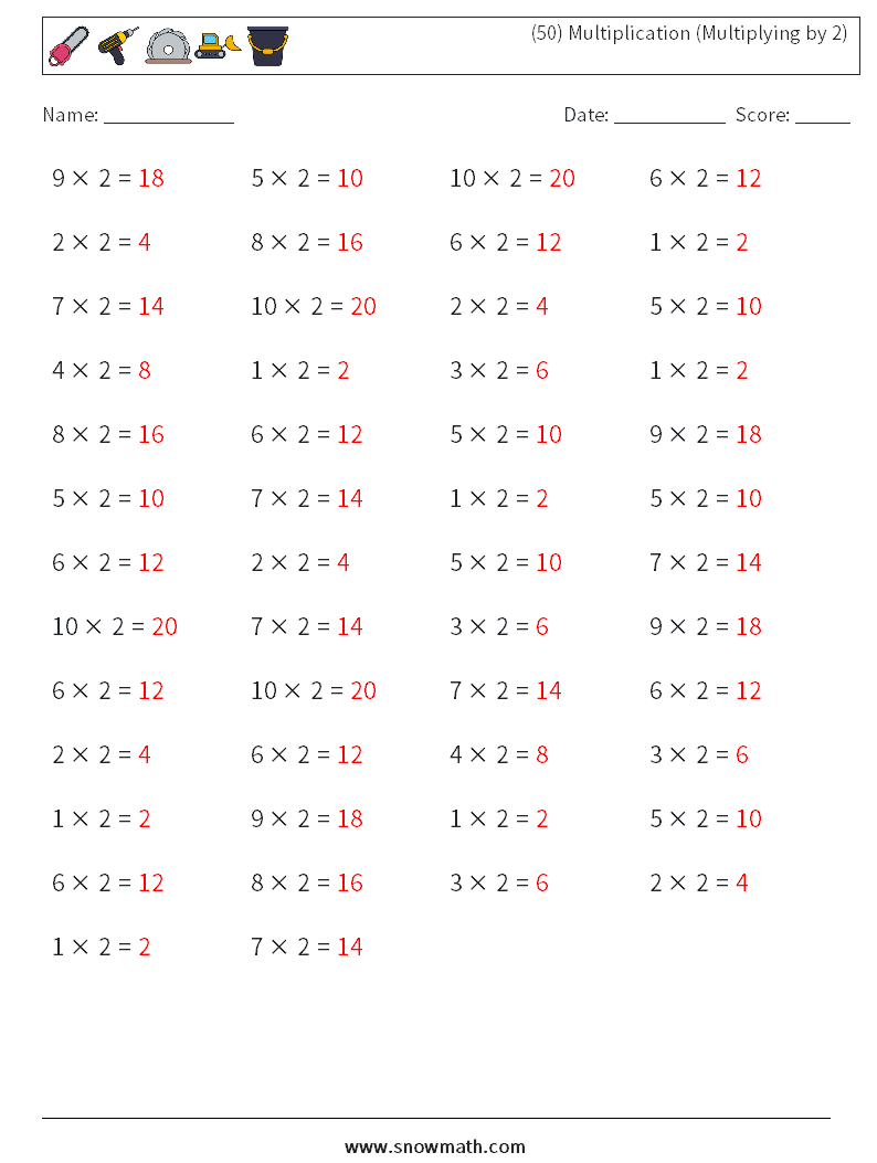 (50) Multiplication (Multiplying by 2) Maths Worksheets 2 Question, Answer