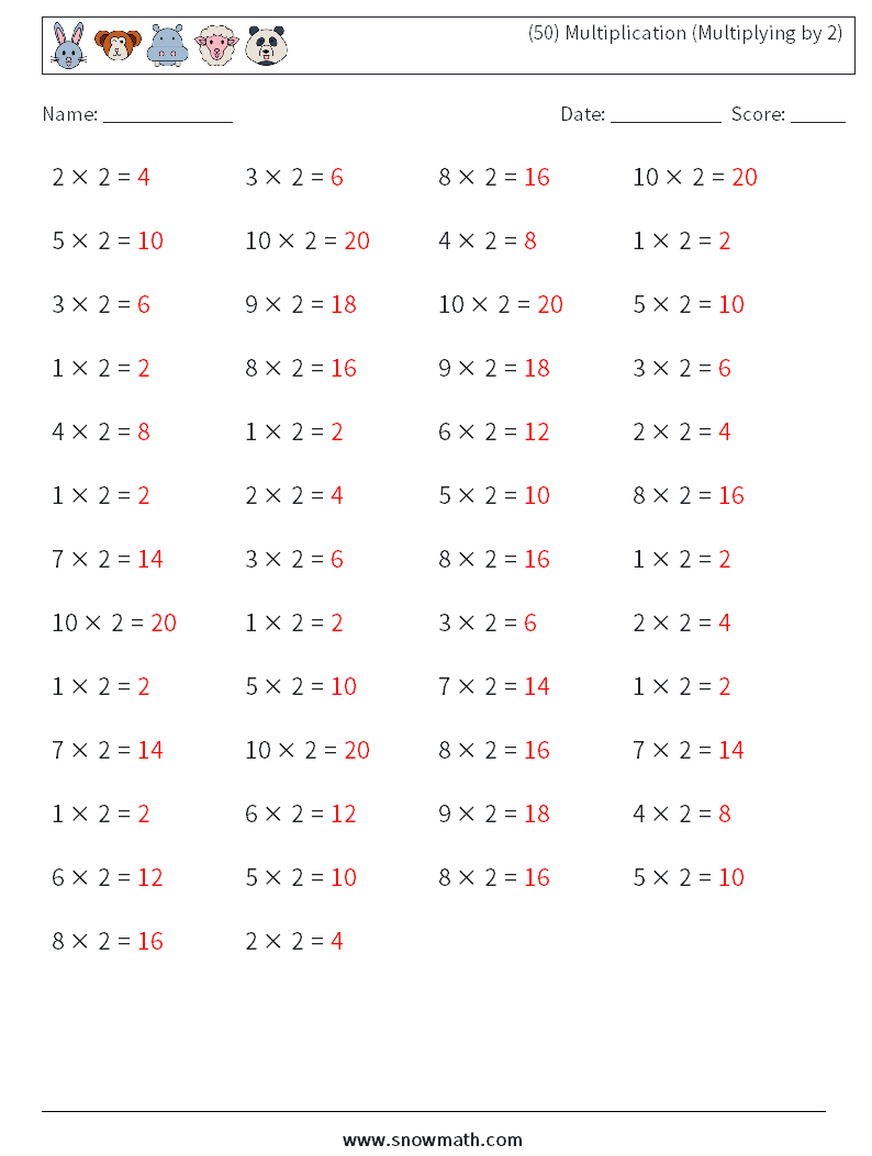 (50) Multiplication (Multiplying by 2) Maths Worksheets 3 Question, Answer