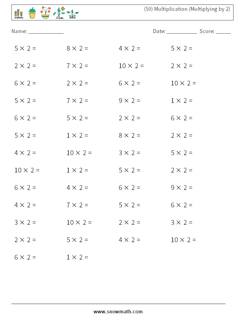 (50) Multiplication (Multiplying by 2) Maths Worksheets 4