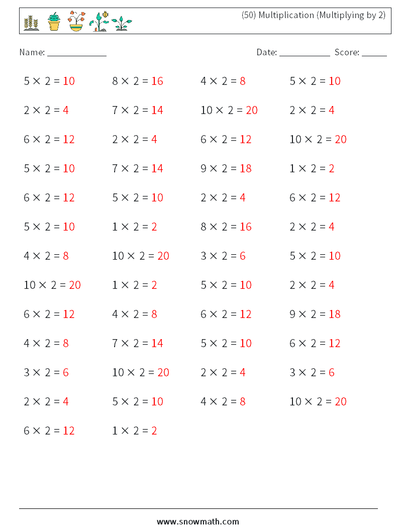 (50) Multiplication (Multiplying by 2) Maths Worksheets 4 Question, Answer