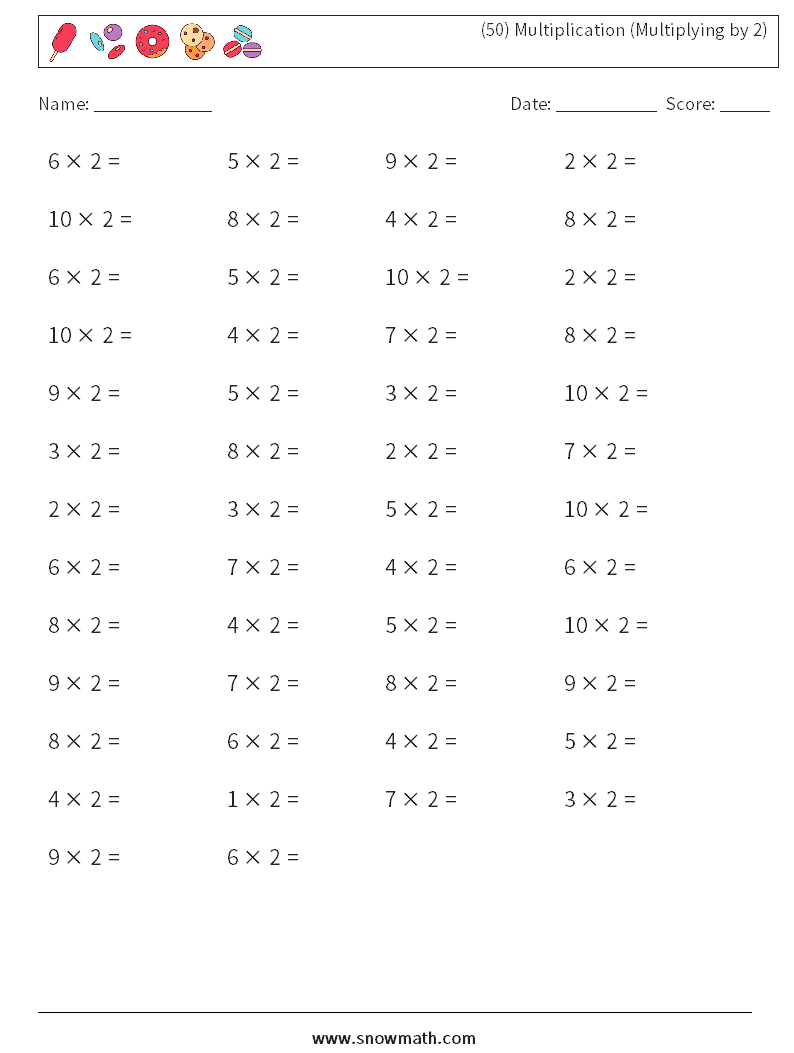 (50) Multiplication (Multiplying by 2) Maths Worksheets 5