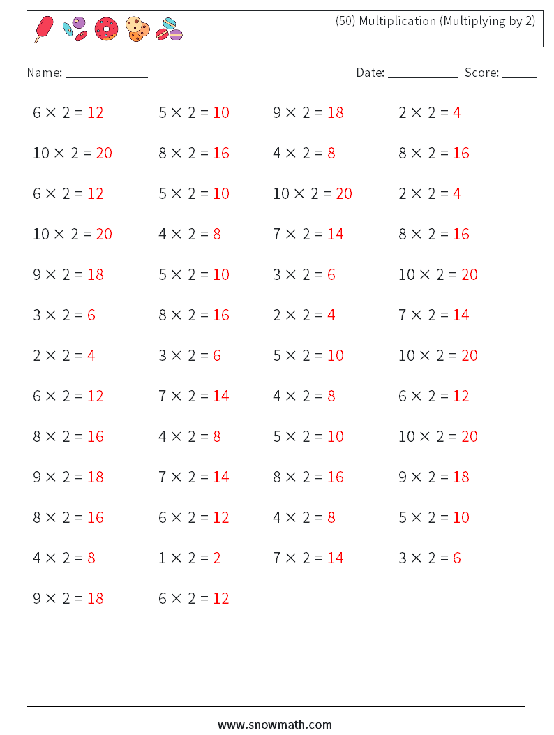 (50) Multiplication (Multiplying by 2) Maths Worksheets 5 Question, Answer