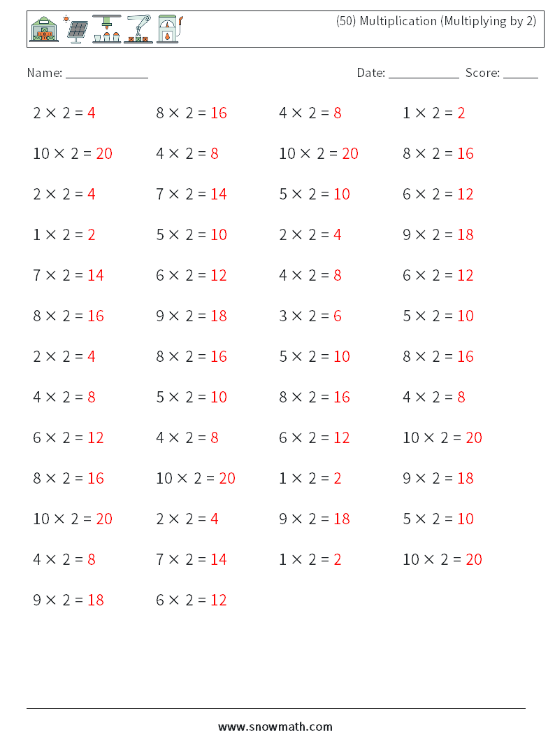 (50) Multiplication (Multiplying by 2) Maths Worksheets 7 Question, Answer