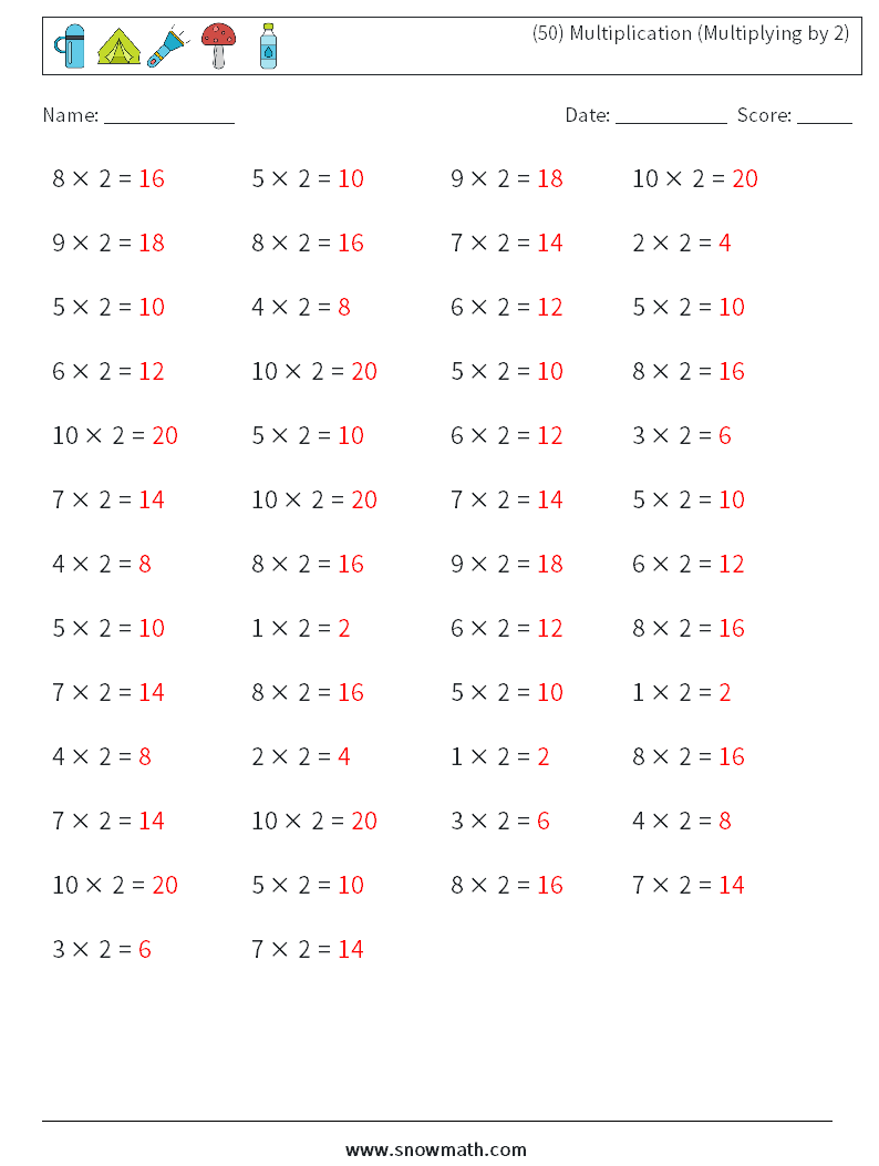 (50) Multiplication (Multiplying by 2) Maths Worksheets 8 Question, Answer