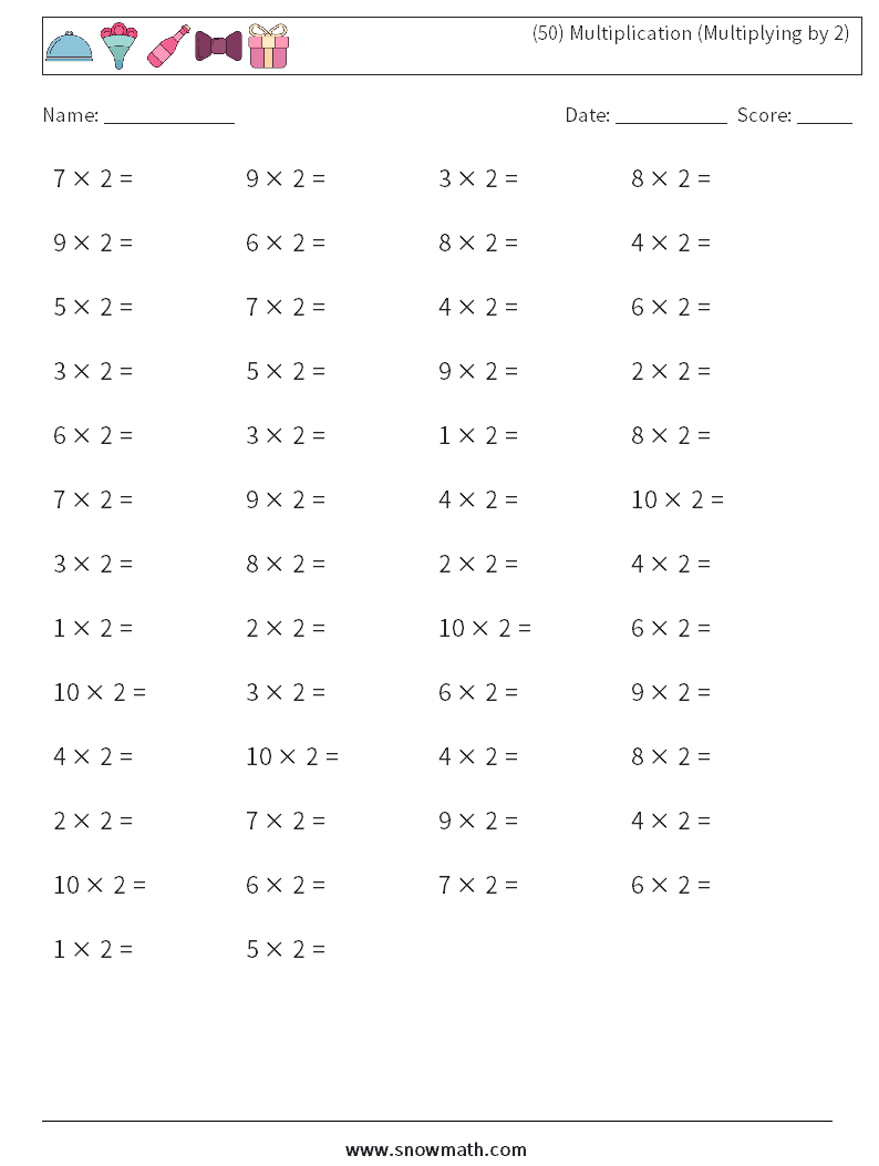 (50) Multiplication (Multiplying by 2) Maths Worksheets 9