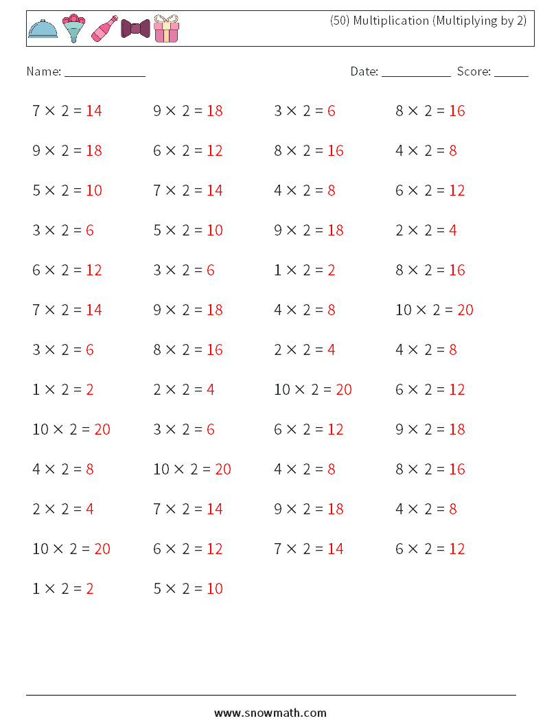 (50) Multiplication (Multiplying by 2) Maths Worksheets 9 Question, Answer