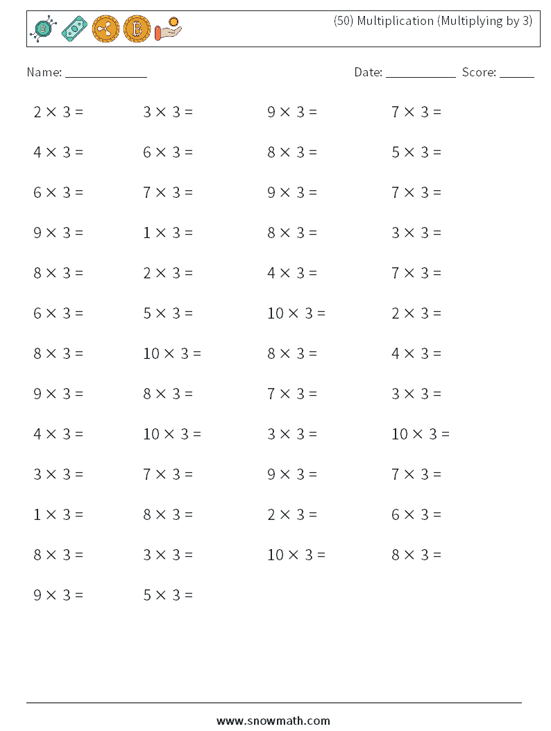 (50) Multiplication (Multiplying by 3) Maths Worksheets 2