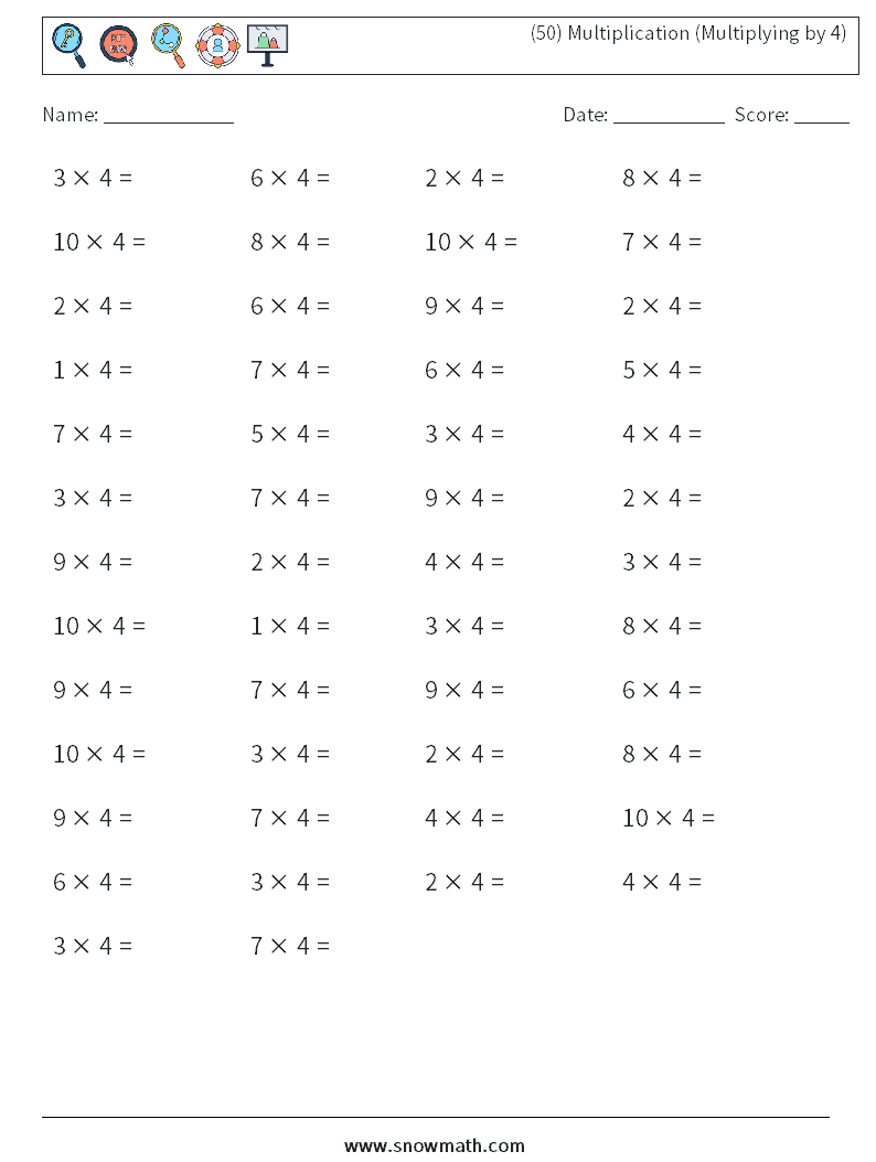 (50) Multiplication (Multiplying by 4) Maths Worksheets 1