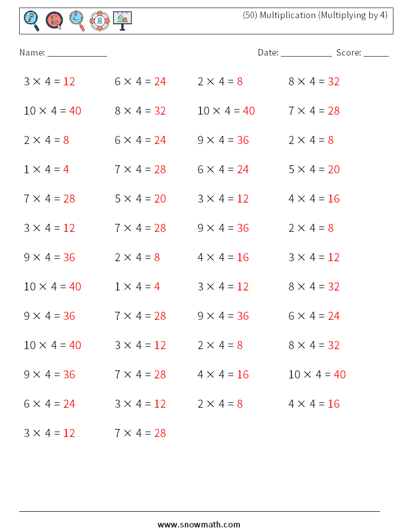 (50) Multiplication (Multiplying by 4) Maths Worksheets 1 Question, Answer