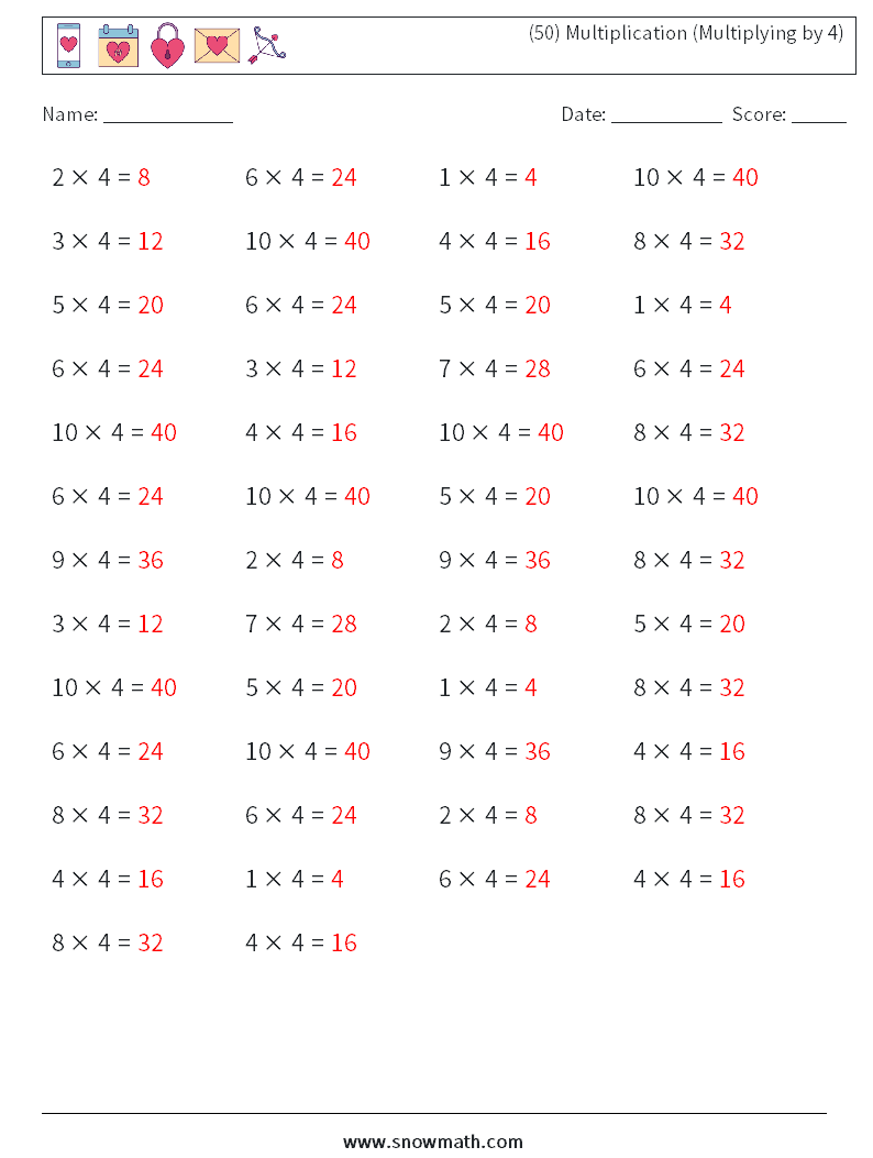(50) Multiplication (Multiplying by 4) Maths Worksheets 2 Question, Answer