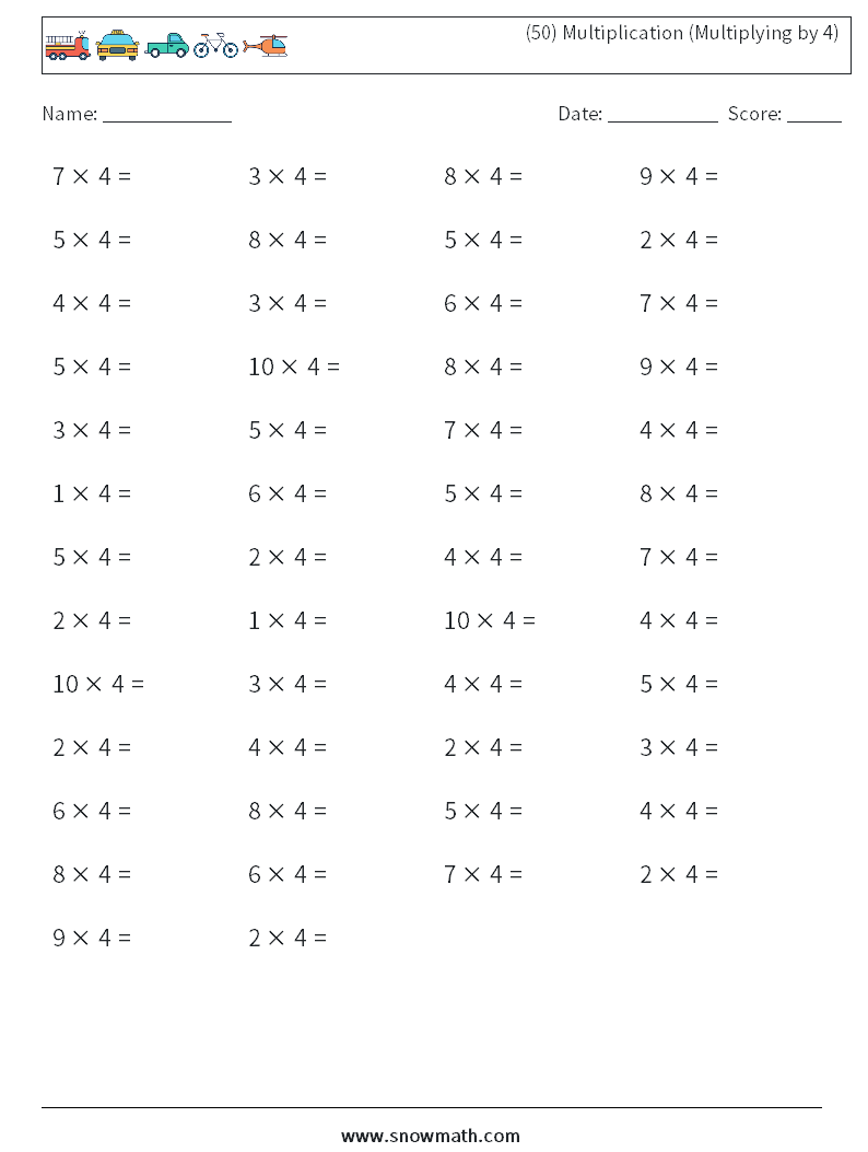 (50) Multiplication (Multiplying by 4) Maths Worksheets 3