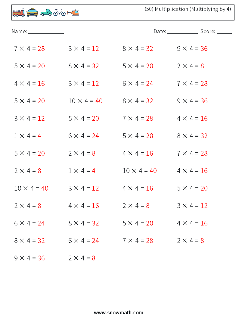 (50) Multiplication (Multiplying by 4) Maths Worksheets 3 Question, Answer