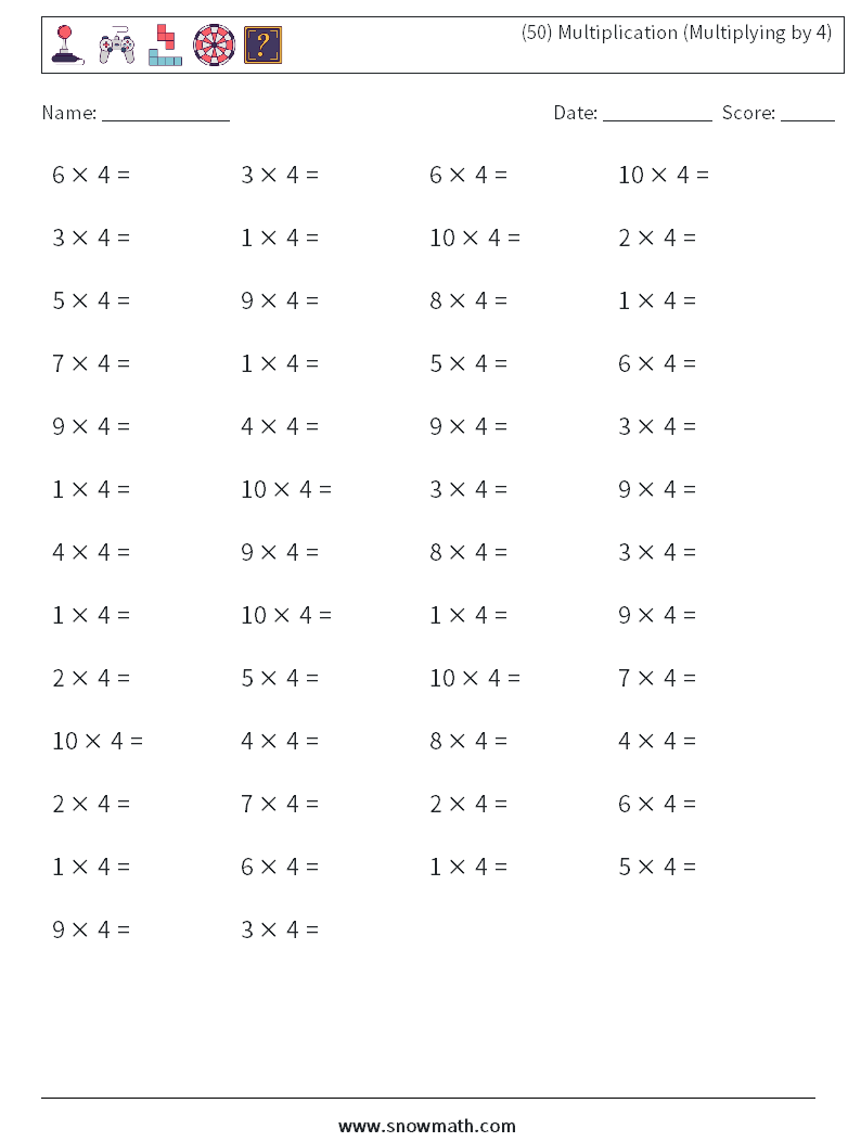 (50) Multiplication (Multiplying by 4) Maths Worksheets 4