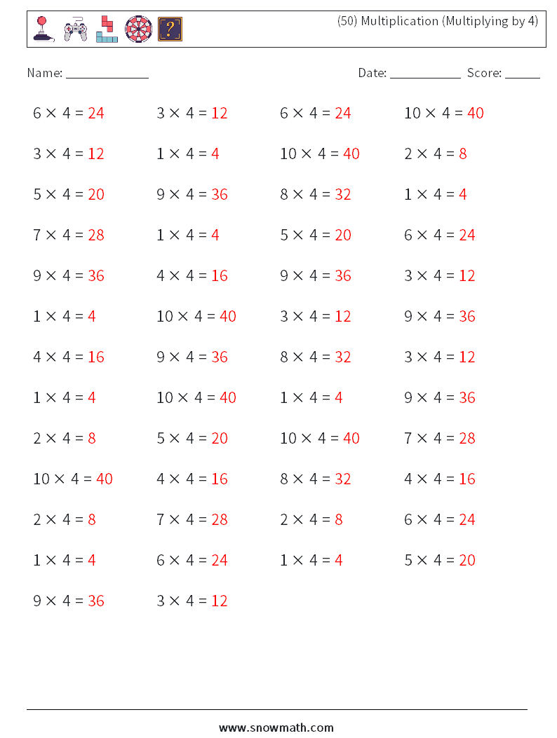 (50) Multiplication (Multiplying by 4) Maths Worksheets 4 Question, Answer