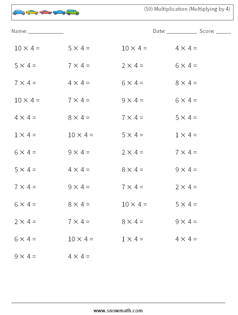 (50) Multiplication (Multiplying by 4) Maths Worksheets 5