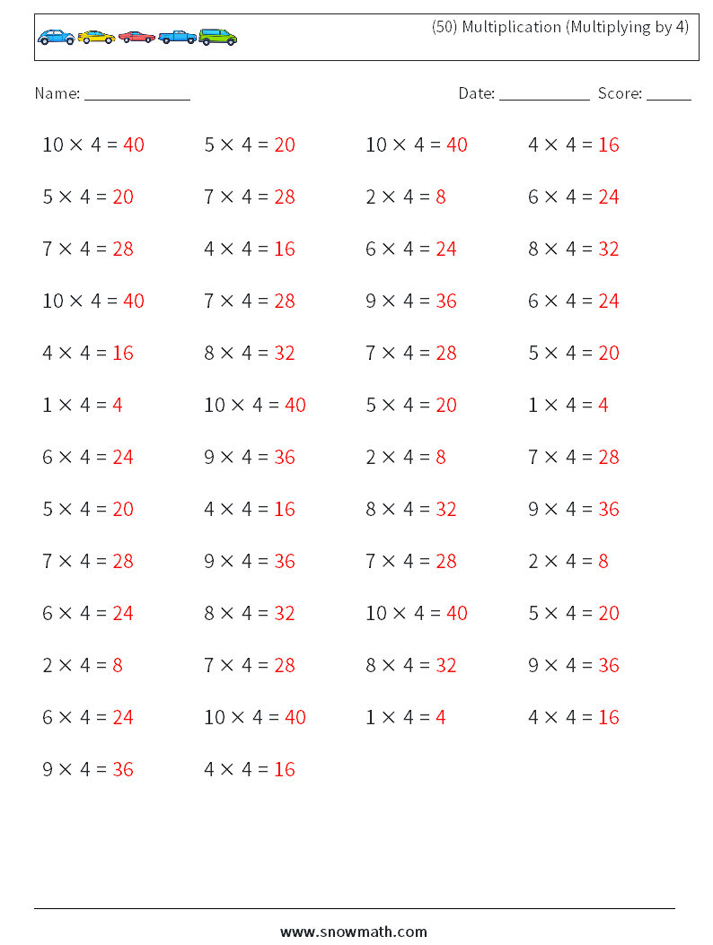 (50) Multiplication (Multiplying by 4) Maths Worksheets 5 Question, Answer