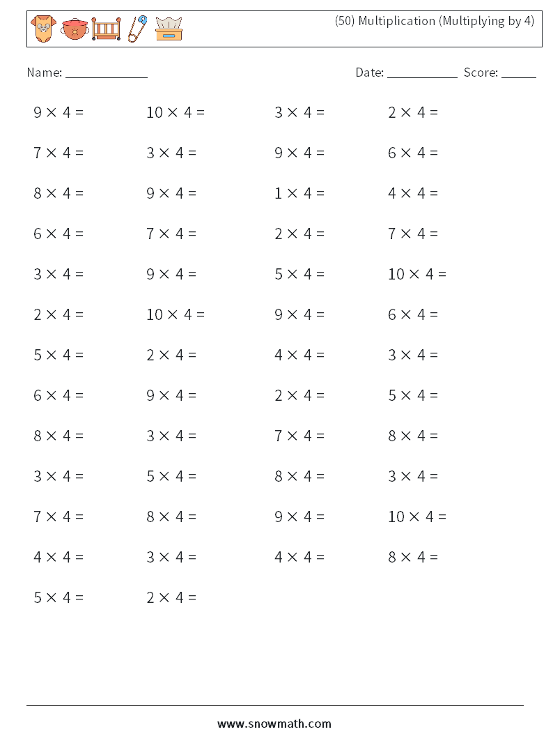 (50) Multiplication (Multiplying by 4) Maths Worksheets 6