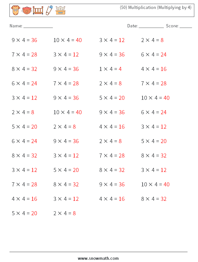 (50) Multiplication (Multiplying by 4) Maths Worksheets 6 Question, Answer