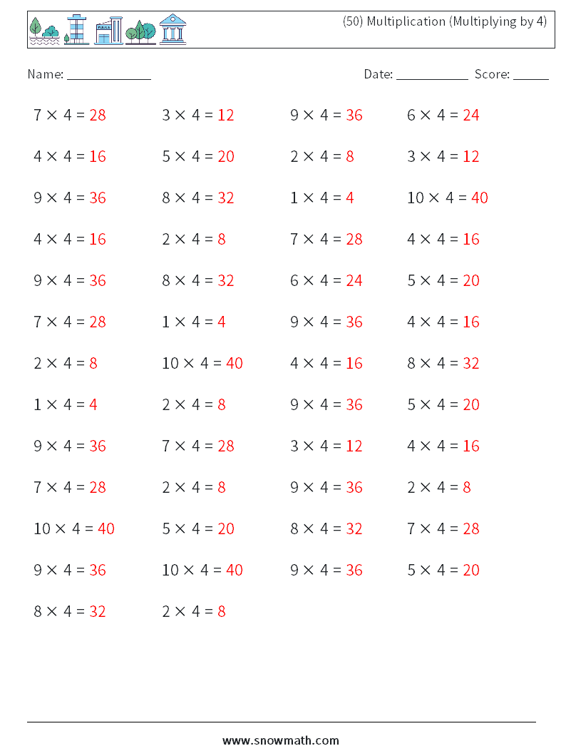 (50) Multiplication (Multiplying by 4) Maths Worksheets 7 Question, Answer