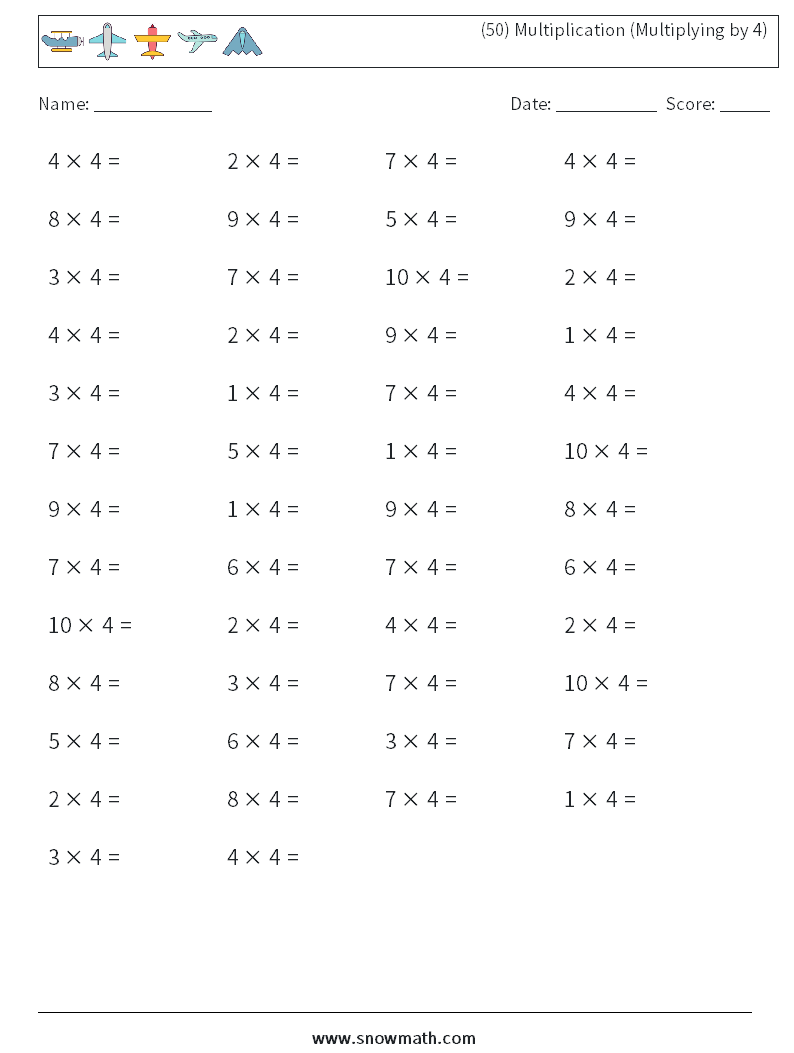 (50) Multiplication (Multiplying by 4) Maths Worksheets 9