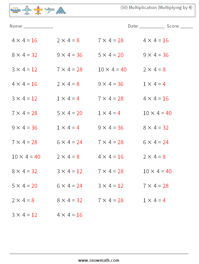 (50) Multiplication (Multiplying by 4) Maths Worksheets 9 Question, Answer