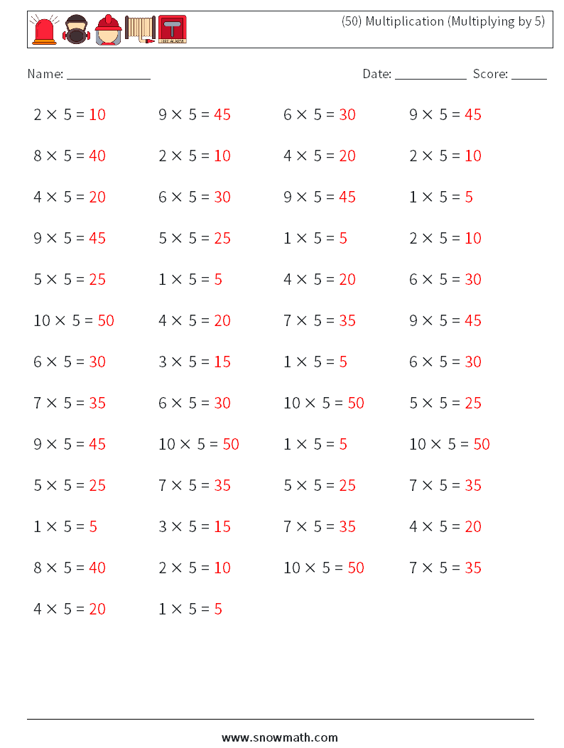 (50) Multiplication (Multiplying by 5) Maths Worksheets 1 Question, Answer