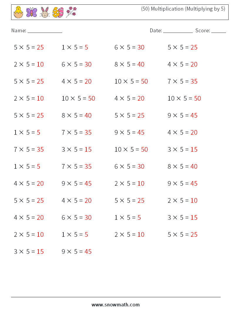 (50) Multiplication (Multiplying by 5) Maths Worksheets 2 Question, Answer