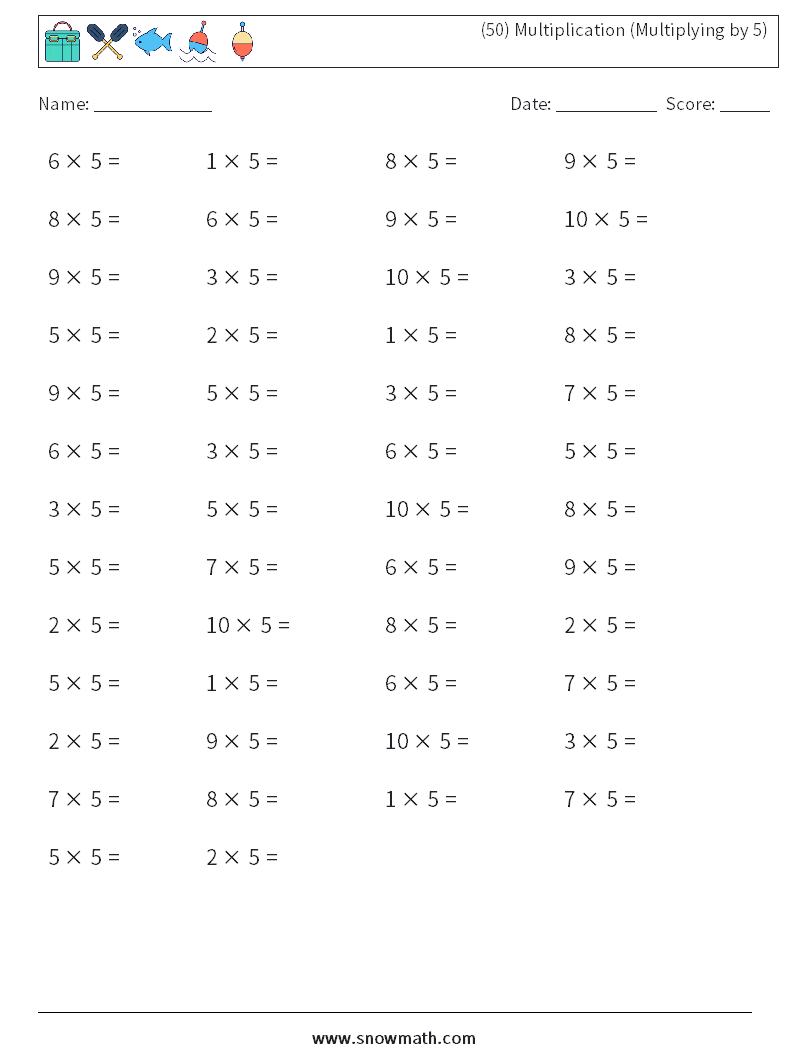 (50) Multiplication (Multiplying by 5) Maths Worksheets 3
