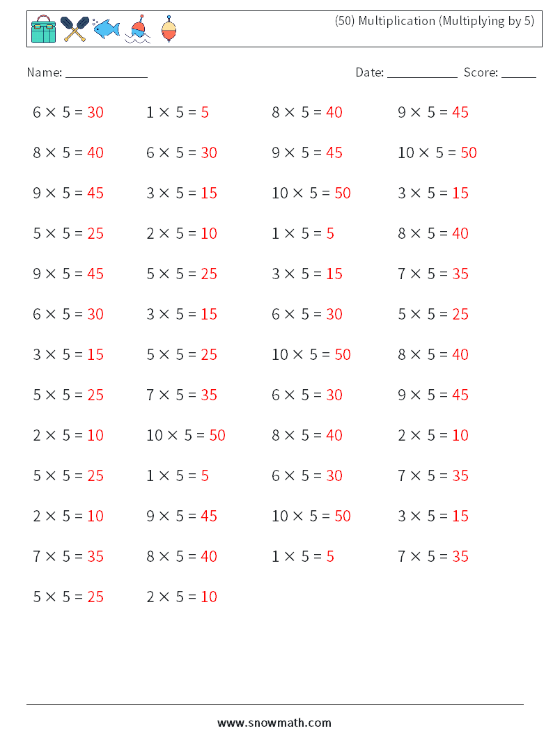 (50) Multiplication (Multiplying by 5) Maths Worksheets 3 Question, Answer